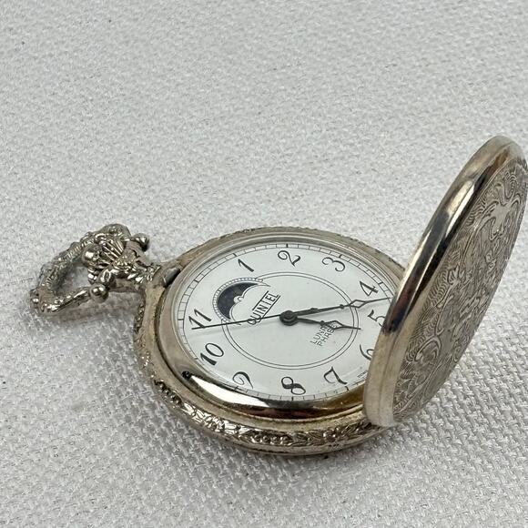 Vintage Quintel Moon Phase Floral Design Silver Tone Pocket Watch - parts/repair - Picture 1 of 9